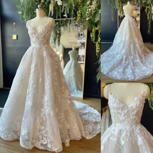 V-Neck Wedding Dresses Lace Applique A-line Backless Sleeveless Bridal Gowns - Picture 1 of 6