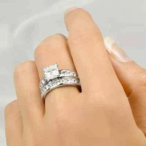 3.5 Ct Princess Cut Simulated Diamond Wedding Band Engagement Ring Set Silver - Picture 1 of 2