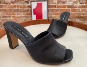 Steve Madden Black Leather Jensen Peep-toe Mule Heeled Slide Sandal 7 New - Picture 1 of 4
