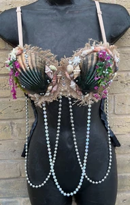 Stunning Mermaid Real Shell Bra Top Rave Dance Club Sparkle 34C BLACK GOLD (10A - Picture 1 of 24