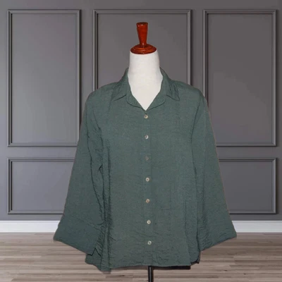 CORTE SUELTO Para Mujer Grande Verde Mezcla Rayón Top Lagenlook Botón Frontal Hecho en EE. UU. Foto 1 de 4