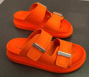 Orange Alexander McQueen Women Rubber Silver Buckle Slides Sandals EU 37 1/2 M - Picture 1 of 11