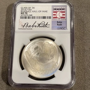 2014 P 1$ Baseball Hall Of Fame Class Of ‘36! Babe Ruth! NGC MS 70! Silver - Picture 1 of 6