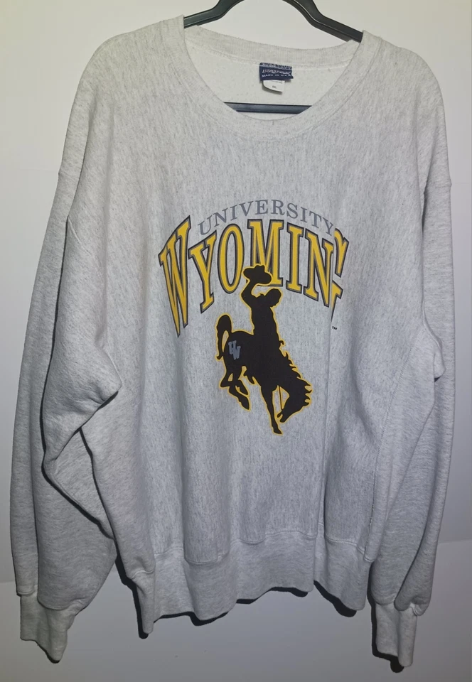 Sudadera Vintage Años 90 Universidad de Wyoming Vaqueros Gris Jaspeado Talla XXL Foto 1 de 4