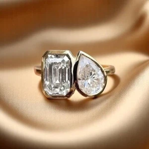 10 Karat Gold - Moissanit Ring - Größe 8 -5 Karat - Smaragd Birnenschliff Toi et Moi Ring 4,5 g - Bild 1 von 14