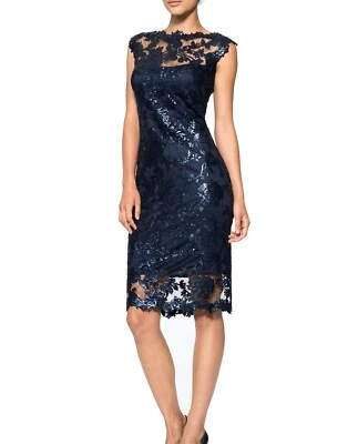 Tadashi Shoji Petite 8P Navy Lace Sequin Cocktail Dress Illusion Sheath Lined - Image 1 of 4
