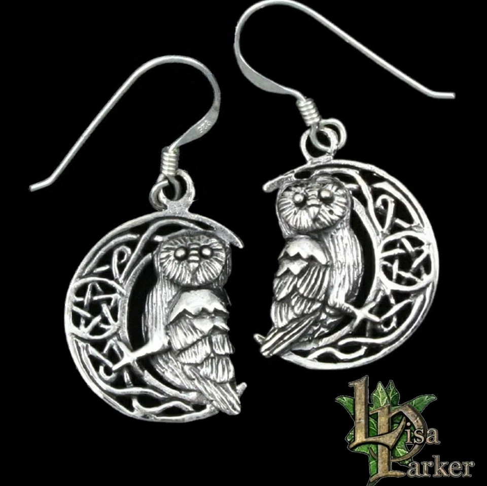 LISA PARKER EARRINGS Owl Moon Pentagram STERLING SILVER Wicca Pagan Gothic — 第 1/1 张图片