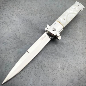 9" Pearl White Italian Style Stiletto Folding Spring Assisted Open Pocket Knife - Picture 1 of 3