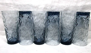 6 MCM Libbey Glass AZTEC BLEU blue crinkle 6 3/8"h flat tumblers-12oz. cap. - Picture 1 of 7