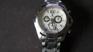 CYMA BIG DATE Chronograph 02-0539 Silver White Leather quartz watch 44mm uk - Picture 1 of 21