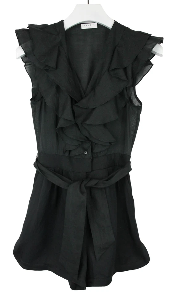 SANDRO Jumpsuit Damen (EU) 34 Ärmellos Rüsche Ramie Mit Gürtel Schwarz - Bild 1 von 4