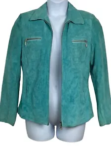 Vintage Y2K Reißverschluss vorne Wildleder Lederjacke Damen Large aquablau Saguaro Kragen - Bild 1 von 7