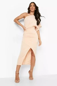 BOOHOO Nude One-Shoulder DRESS Size Aus 18 NWT Sexy Split Party Cocktail Event - Picture 1 of 7