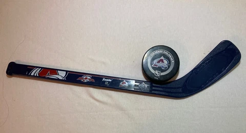 Official Colorado Avalanche GAME USED Puck Bettman With Mini Avs Hockey Stick Cover