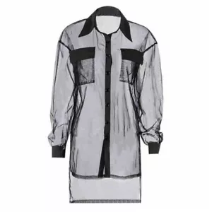 Donna Rete Trasparente Camicia Alto Basso Orlo Top Manica Lunga Cappotto Tunica - Foto 1 di 12
