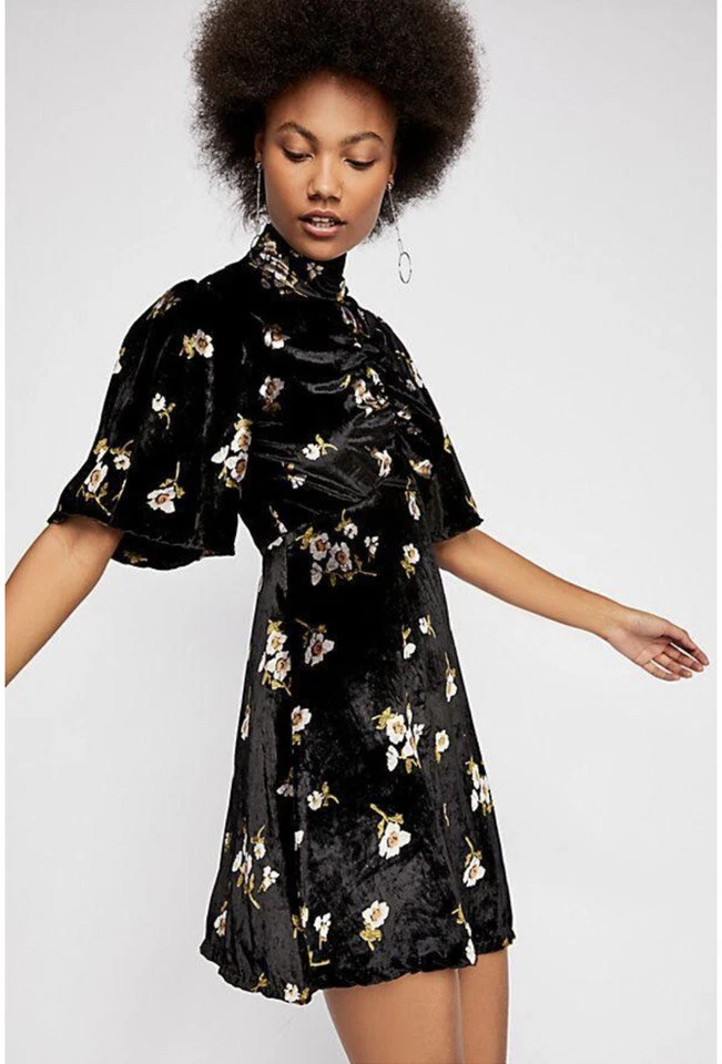 People Womens Be My Baby Black Velvet Floral Boho Mini Dress 12 BHFO 1794