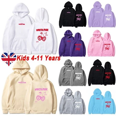 Girls Boys White Black Cherry Foxs Pocket Hoodie Kids Sweatshirt Casual Pullover