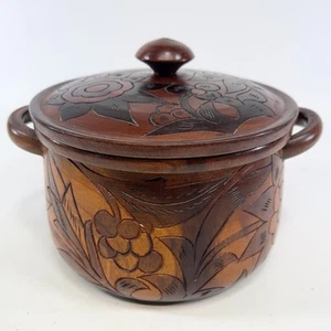 Handgeschnitzte floral verzierte Holzschüssel mit festem Deckel Glas gebeizt 8"x7" - Bild 1 von 8