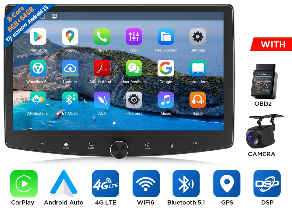 Eonon UX6SK Plus 10.1" Double DIN Android 13 6+64GB CarPlay Car Stereo Radio GPS - Image 1 of 4