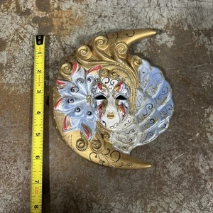 VTG ORIGINAL VENEZIA VENETIAN MOON MASK-HAND PAINTED ITALIAN CLAY ART BISQUE - Picture 1 of 4