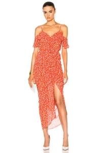 Veronica Beard Marilyn Cold Shoulder Rüschen Midikleid in Rot Multi 10 Neu mit Etikett OVP - Bild 1 von 5