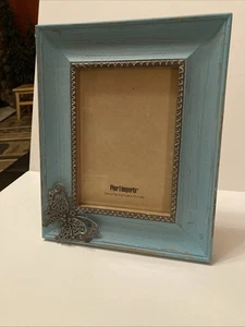 Pier 1 Picture Frame Distressed Blue Wood Silver Metal Butterfly 5”x7” Photos - Picture 1 of 10