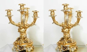 COPPIA CANDELABRO REGALE 4 FIAMME CON PUTTI FIORI IN CERAMICA FOGLIA ORO ARGENTO - Imagen 1 de 1