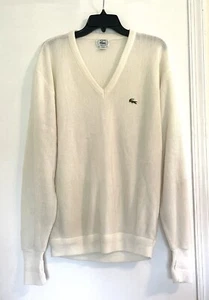 Vtg Izod Lacoste Sweater XL Men's Long Sleeve Ivory Elastic V Neck Acrylic USA - Picture 1 of 8