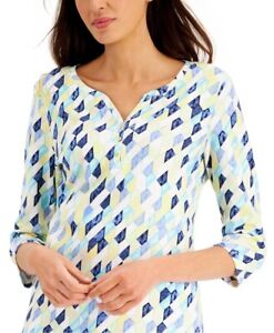 3X Plus Size Abstract Top Henley Karen Scott 3/4 Sleeve Cotton Blend Button 