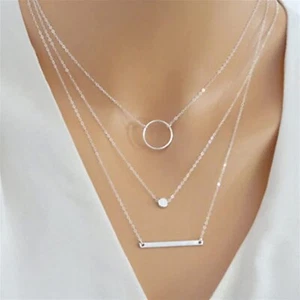 3 Piece Silver Layered Medallion, Long Bar, Hoop Choker Necklace - Geometric - Picture 1 of 9
