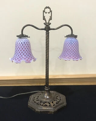 Vtg Double Goose Neck Student Desk Table Light Lamp Cranberry Coin Dot  Bronze - Image 1 of 4