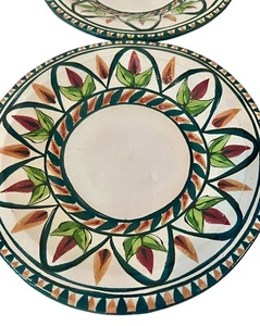 Terracotta Clay 10” Plates Bowls Set Of 4 Hand Painted Folk Art Floral Signed - Picture 1 of 8