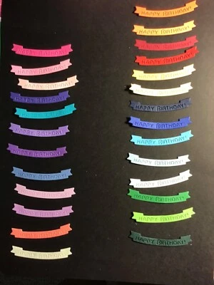 Happy Birthday Banner Die Cut Embellishments 12 pcs 1/2” x 2.5” Choose Color - Image 1 of 4