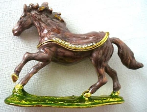 Vint~Rhinestone~ENAMEL~Jeweled~GALLOPING HORSE~Trinket~RING BOX~Hinged~FIGURAL - Picture 1 of 11