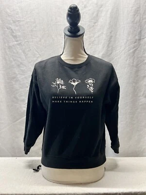 Zara Girls Black Beige Believe In Yourself Pullover Size 11-12 flowers - Image 1 of 4