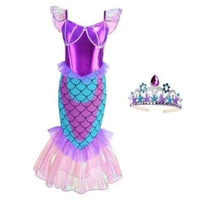 Little Mermaid Costume for Girls Dress Up with Crown, 150 (9-10T) Colorful-01 - Picture 1 of 8