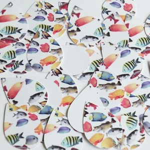 Teardrop Sequin 1.5" Multicolor Tropical Exotic Fish on White Opaque Paillettes - Picture 1 of 2