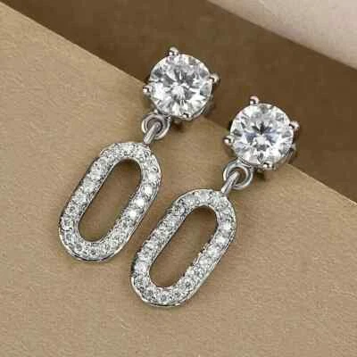 2 Ct Round Cut Simulated Diamond Women Dangle/Drop Earring 14k White Gold Plated — 第 1/4 张图片