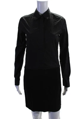 Minivestido negro de manga larga con cuello de algodón y botones Theory para mujer talla 2 Foto 1 de 4