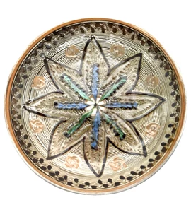 Maria Iorga Slipware Plate 8.5" Abstract Flower Design Romania Blue Green Brown - Imagen 1 de 8