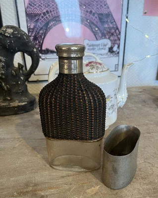 Ancienne Flasque Osier Étain Chromé 19eme Antique Victorian Pewter Flask - Photo 1/4