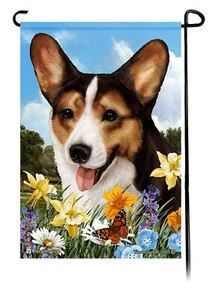 Summer Flowers Garden Flag - Open Tri Cardigan Welsh Corgi - Afbeelding 1 van 1