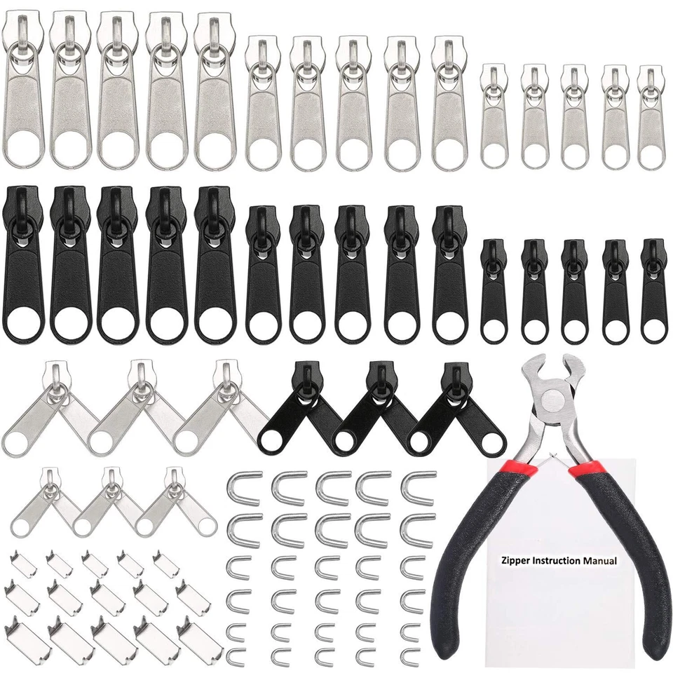 85 PC ZIPPER Replacement Zippers Repair Kit With Instruction Manual Pliers Tool