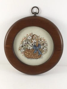 Handmade Framed Counted Cross-Stitch Basket w/flowers - Picture 1 of 5