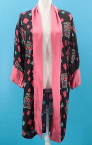VTG Women's 20s 30s Black Pink & Teal Geometric Print Robe S/M 1920s 1930s - Picture 1 of 24