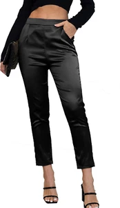 , Pantaloni Da Donna in Raso Di Seta, Pantaloni Eleganti Da Lavoro, Casual, Con - Foto 1 di 12