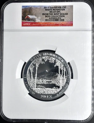 2013 5oz SILVER 25C White Mountain MS69 DPL Mint Sealed Box Collection NGC - Image 1 of 2