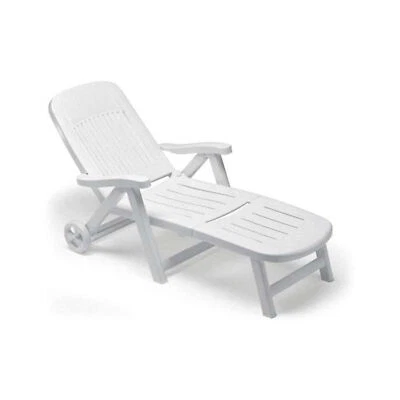 Lettino Sdraio California Bianco in Resina con Schienale Reclinabile e Ruote ... - Immagine 1 di 4