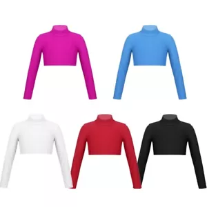 Girls Long Sleeve Turtle-Mock neck Sports Dance Crop Top T-Shirt Yoga Dancewear - Picture 1 of 108