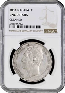 Belgium 5 francs 1853, NGC UNC Det., "King Leopold I (1832 - 1865)" silver coin - Picture 1 of 2